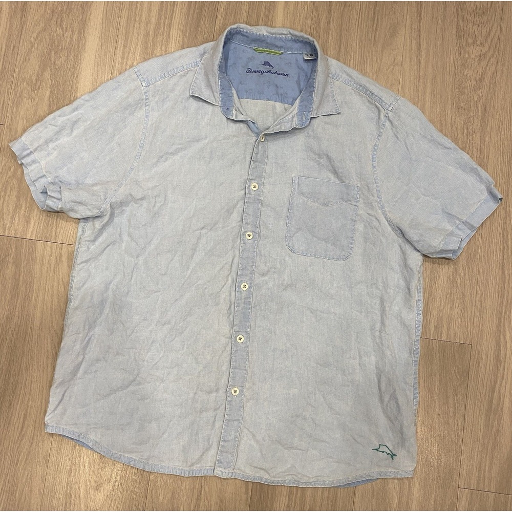 Tommy Bahama Shirt Mens XL Extra Large Blue Short Sleeve Button Up‎ Linen